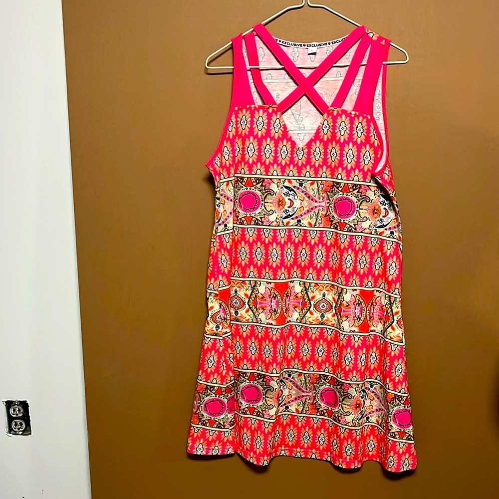 Exclusive dress hot pink with beautiful artistic prints mini dress size large
